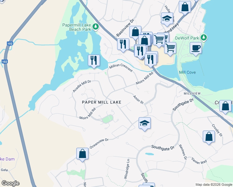 map of restaurants, bars, coffee shops, grocery stores, and more near 88 Moirs Mill Road in Bedford