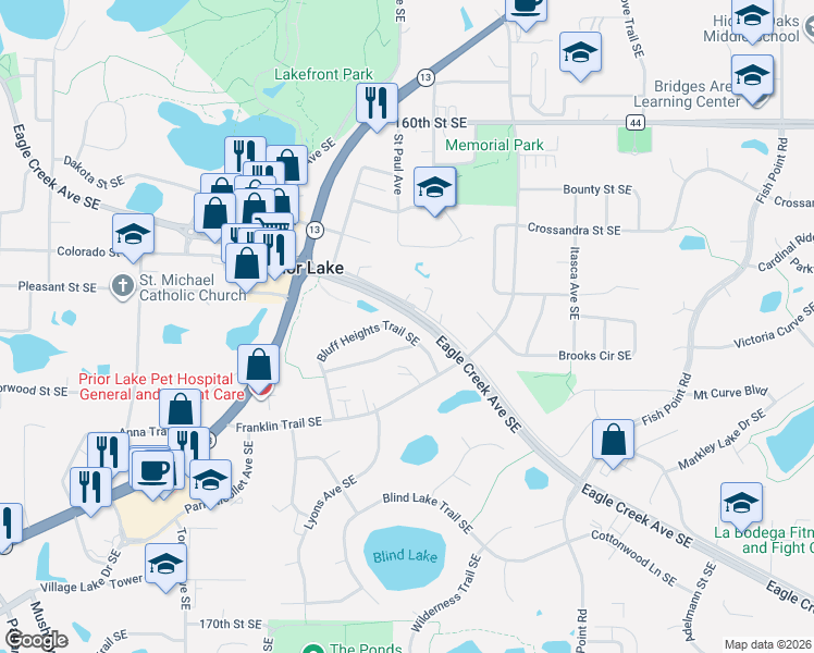 map of restaurants, bars, coffee shops, grocery stores, and more near 5006 Bluff Heights Trail Southeast in Prior Lake