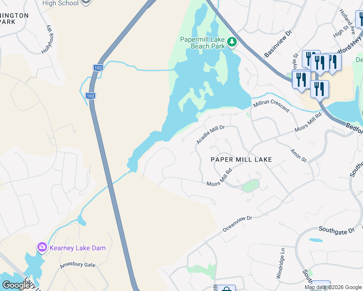 map of restaurants, bars, coffee shops, grocery stores, and more near 61 French Masts Lane in Bedford
