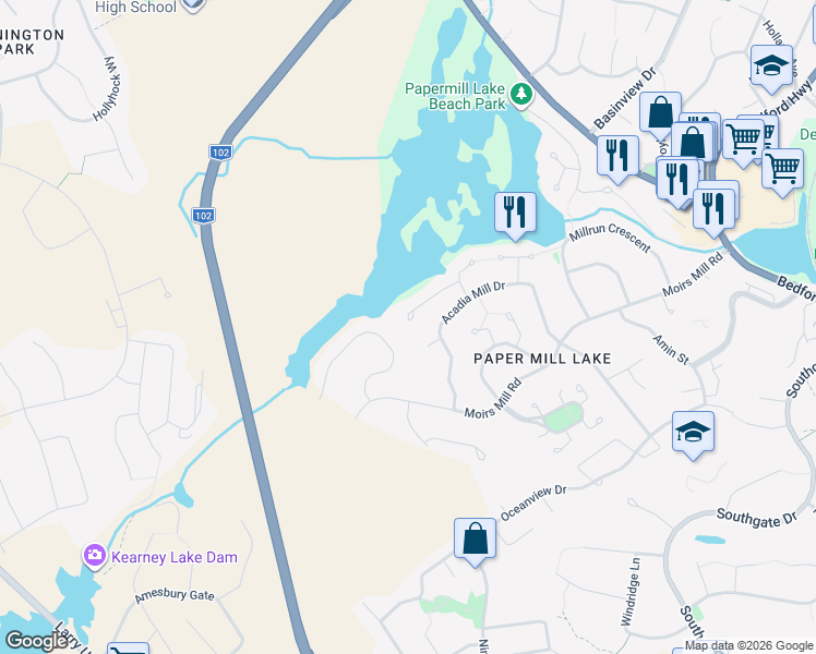 map of restaurants, bars, coffee shops, grocery stores, and more near 61 French Masts Lane in Bedford