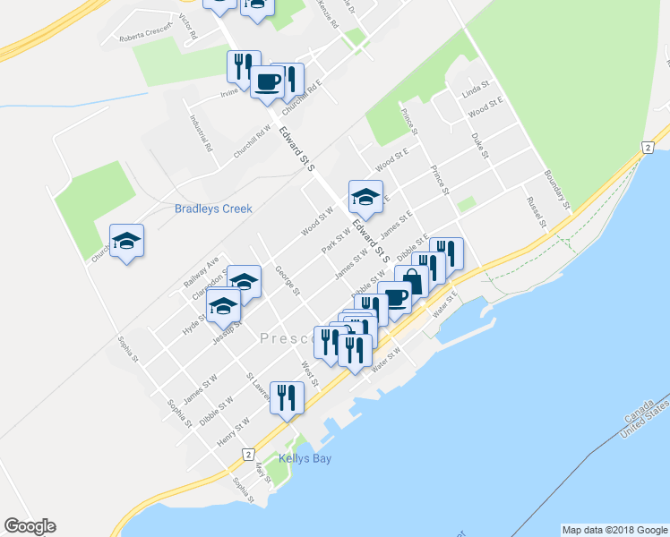 map of restaurants, bars, coffee shops, grocery stores, and more near 525 Centre Street in Prescott