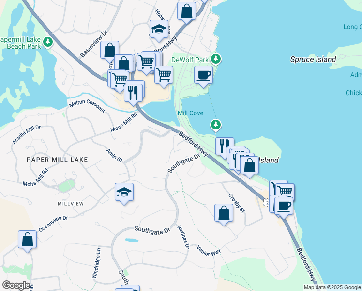 map of restaurants, bars, coffee shops, grocery stores, and more near 864 Bedford Highway in Bedford