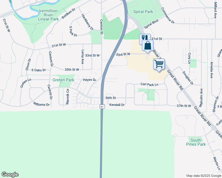 map of restaurants, bars, coffee shops, grocery stores, and more near 3625 Vermillion Street in Hastings