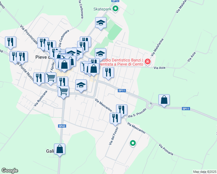 map of restaurants, bars, coffee shops, grocery stores, and more near 10 Via Provinciale San Pietro in Pieve di Cento