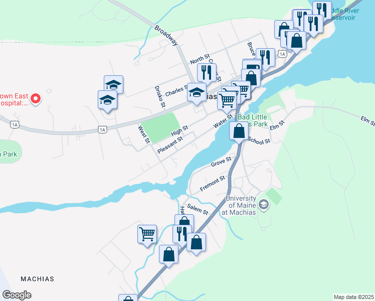 map of restaurants, bars, coffee shops, grocery stores, and more near 36 Water Street in Machias