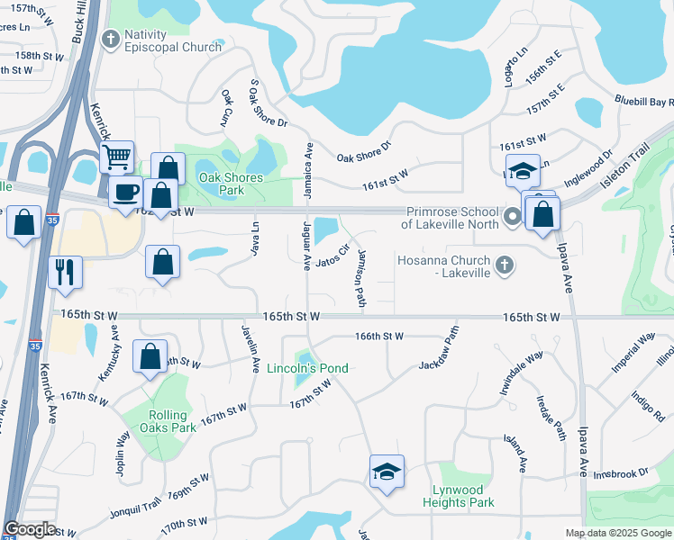 map of restaurants, bars, coffee shops, grocery stores, and more near 16326 Jatos Circle in Lakeville