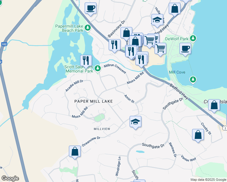 map of restaurants, bars, coffee shops, grocery stores, and more near 84 Moirs Mill Road in Bedford