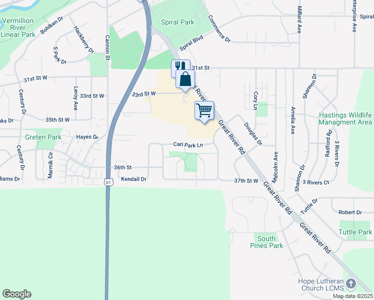 map of restaurants, bars, coffee shops, grocery stores, and more near 329 Cari Park Lane in Hastings