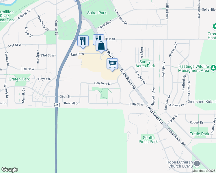 map of restaurants, bars, coffee shops, grocery stores, and more near 309 Cari Park Lane in Hastings