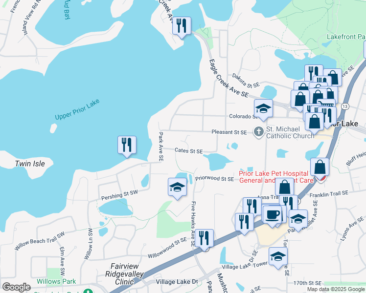 map of restaurants, bars, coffee shops, grocery stores, and more near 4132 Cj Circle Southeast in Prior Lake