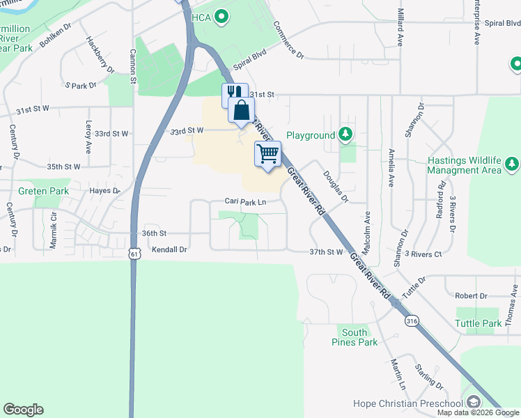 map of restaurants, bars, coffee shops, grocery stores, and more near 305 Cari Park Lane in Hastings