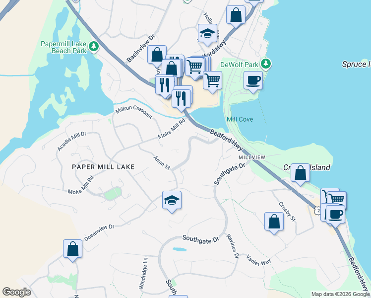 map of restaurants, bars, coffee shops, grocery stores, and more near 61 Nelsons Landing Boulevard in Bedford