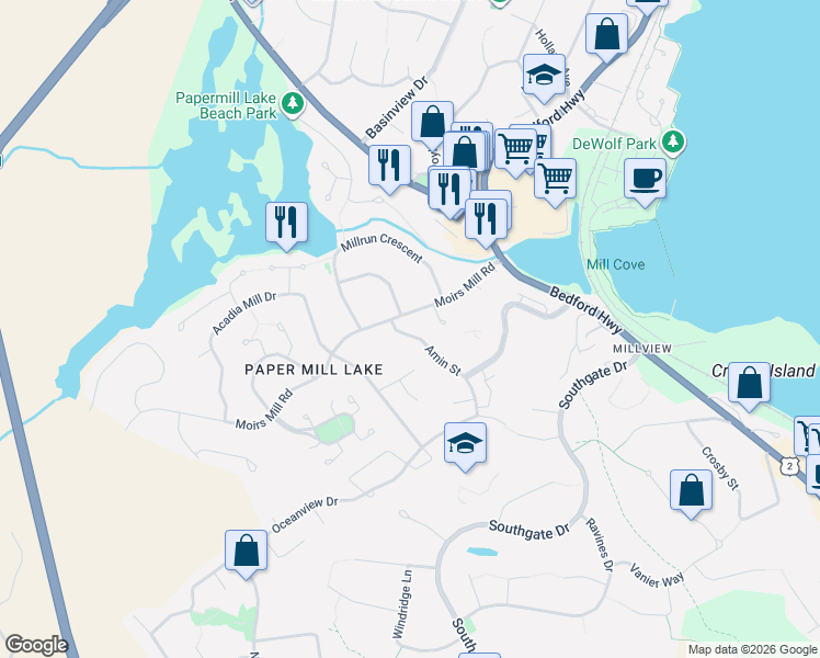 map of restaurants, bars, coffee shops, grocery stores, and more near 77 Amin Street in Bedford