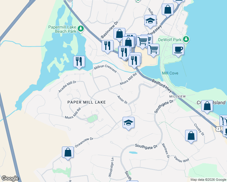 map of restaurants, bars, coffee shops, grocery stores, and more near 77 Amin Street in Bedford