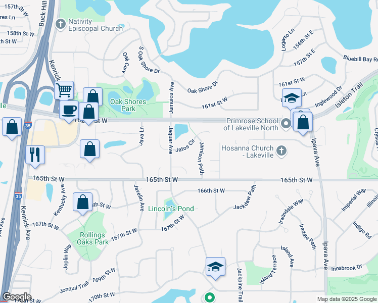 map of restaurants, bars, coffee shops, grocery stores, and more near 16326 Jatos Circle in Lakeville
