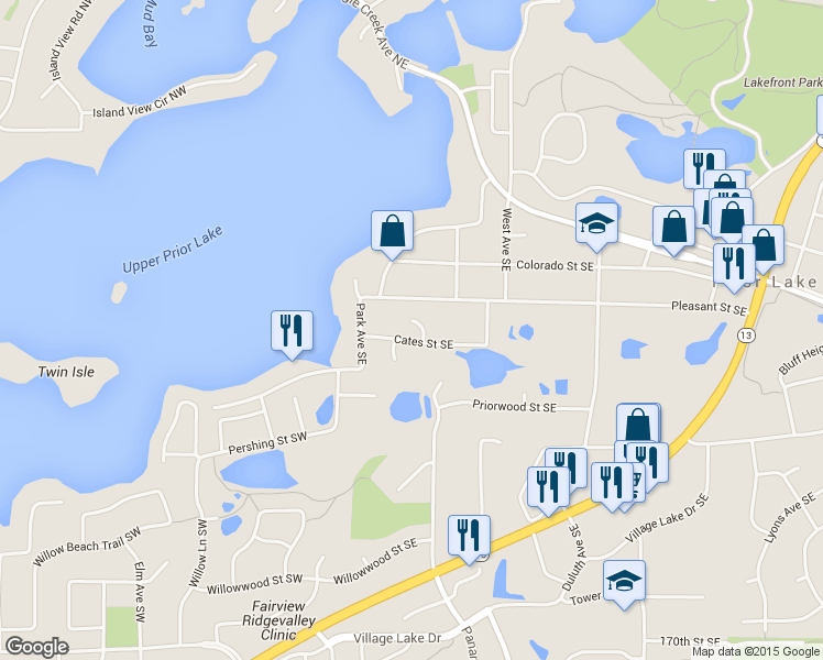 map of restaurants, bars, coffee shops, grocery stores, and more near 4132 Cj Cir SE in Prior Lake
