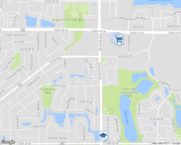 map of restaurants, bars, coffee shops, grocery stores, and more near 16453 Elm Creek Lane in Lakeville