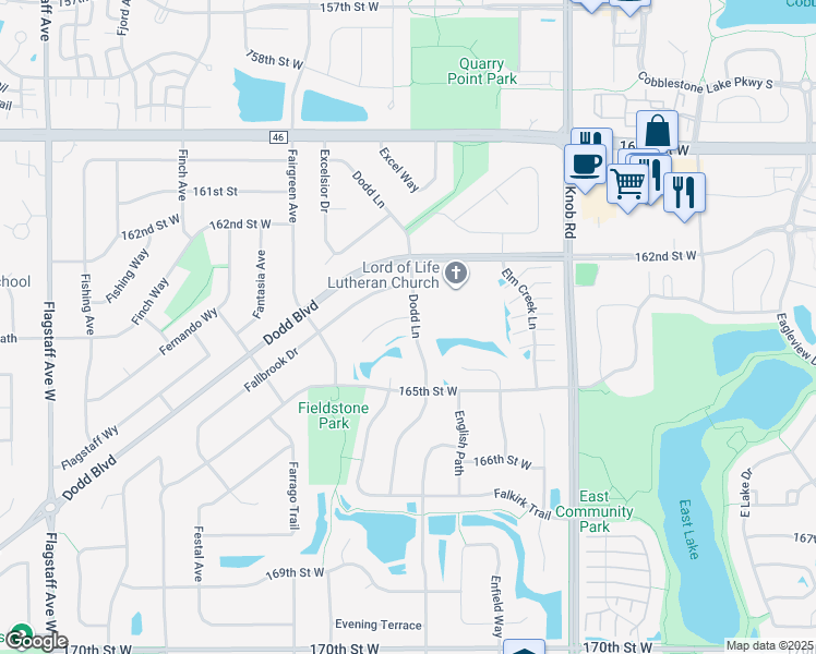 map of restaurants, bars, coffee shops, grocery stores, and more near 16302 Fanning Court in Lakeville