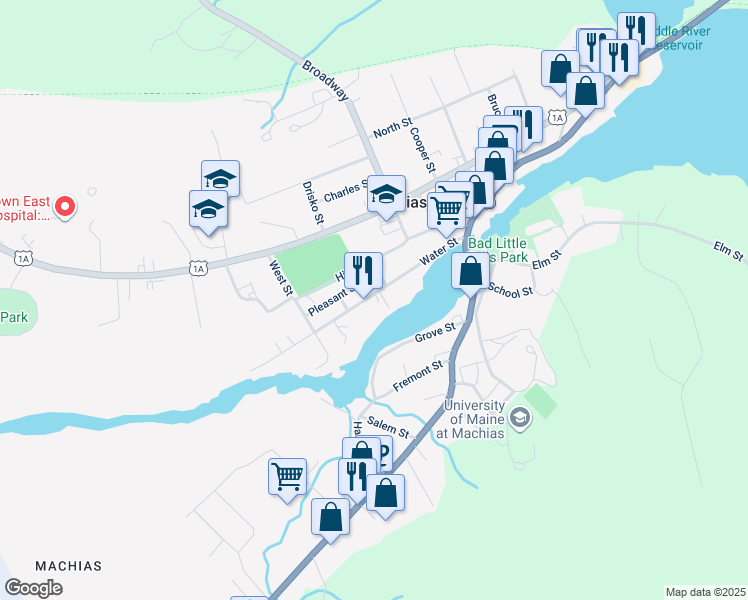 map of restaurants, bars, coffee shops, grocery stores, and more near 36 Water Street in Machias