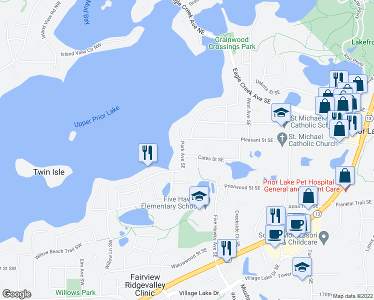 map of restaurants, bars, coffee shops, grocery stores, and more near 16393 Park Avenue Southeast in Prior Lake
