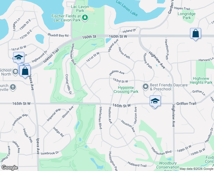 map of restaurants, bars, coffee shops, grocery stores, and more near 16335 Hudson Avenue in Lakeville