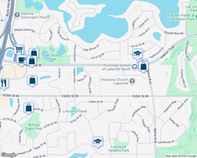 map of restaurants, bars, coffee shops, grocery stores, and more near 16232 Jatos Cir in Lakeville