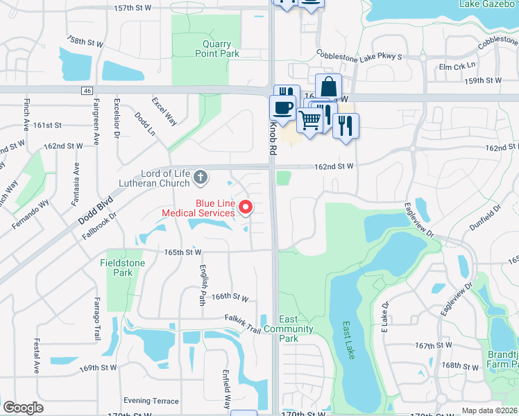 map of restaurants, bars, coffee shops, grocery stores, and more near 16418 Elm Creek Lane in Lakeville