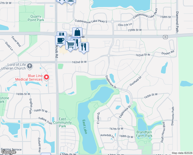 map of restaurants, bars, coffee shops, grocery stores, and more near 16228 Equestrian Trail in Lakeville