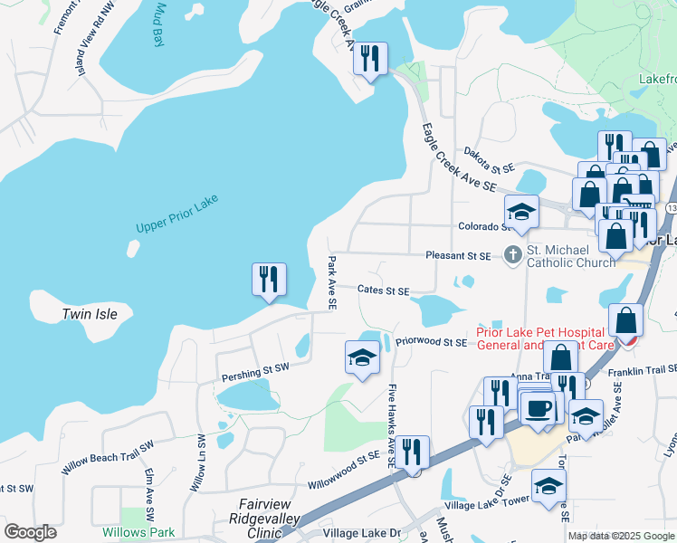 map of restaurants, bars, coffee shops, grocery stores, and more near 16379 Park Avenue Southeast in Prior Lake