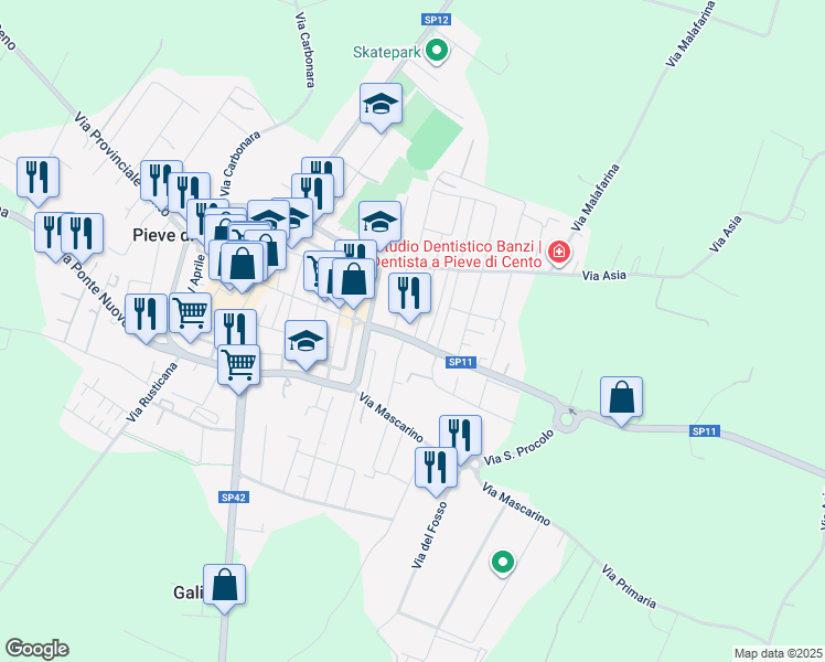 map of restaurants, bars, coffee shops, grocery stores, and more near 10 Via Provinciale San Pietro in Pieve di Cento