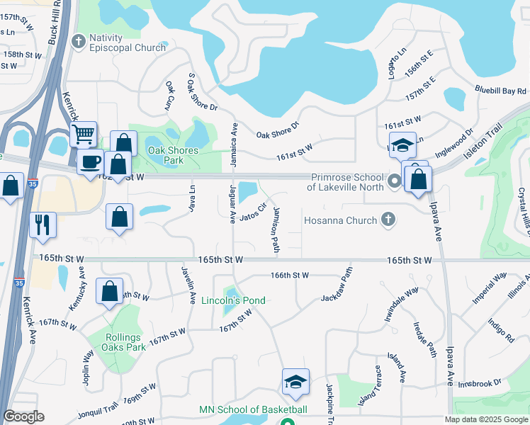 map of restaurants, bars, coffee shops, grocery stores, and more near 16310 Jatos Circle in Lakeville