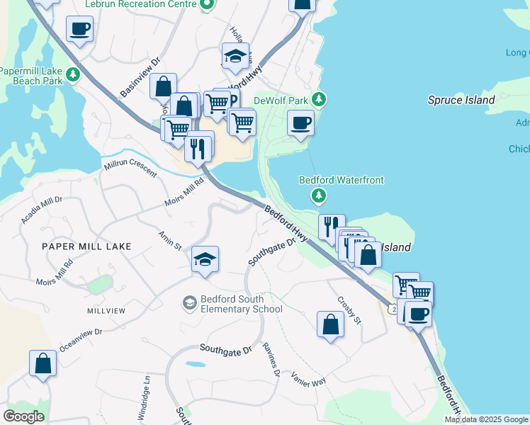 map of restaurants, bars, coffee shops, grocery stores, and more near 2 Wyatt Road in Bedford