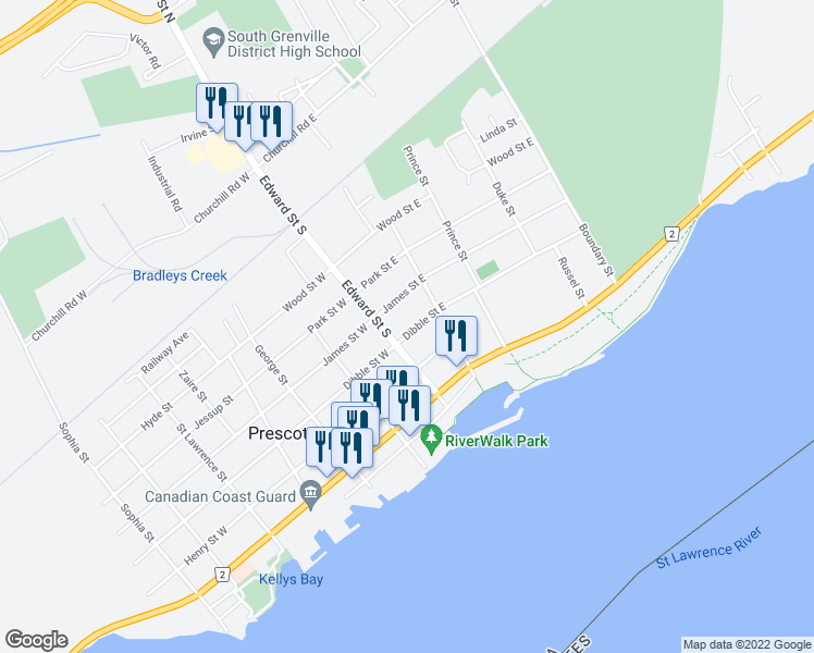 map of restaurants, bars, coffee shops, grocery stores, and more near 130 Dibble Street East in Prescott