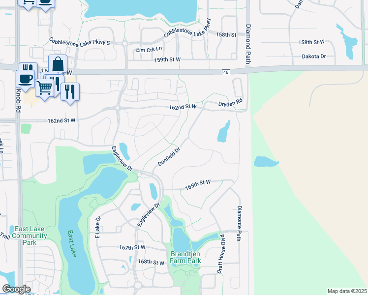 map of restaurants, bars, coffee shops, grocery stores, and more near 16344 Dunfield Drive in Lakeville