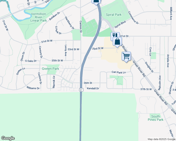 map of restaurants, bars, coffee shops, grocery stores, and more near 3625 Vermillion Street in Hastings