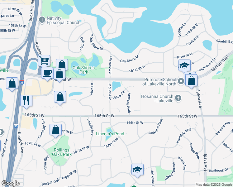 map of restaurants, bars, coffee shops, grocery stores, and more near 16326 Jatos Circle in Lakeville