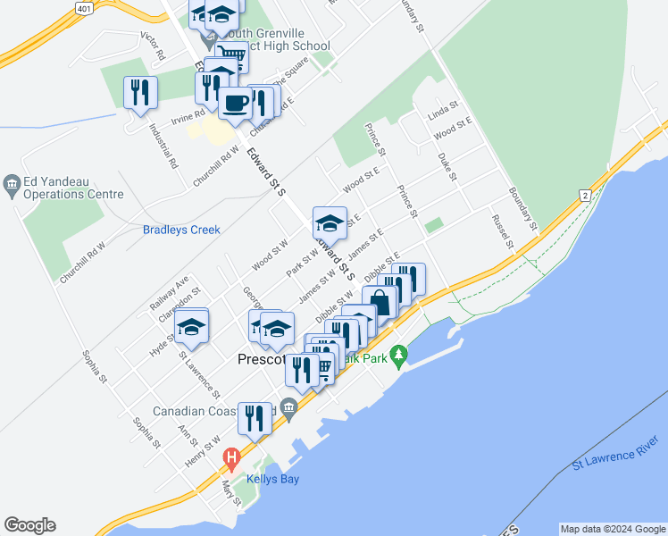 map of restaurants, bars, coffee shops, grocery stores, and more near 122 James Street West in Prescott