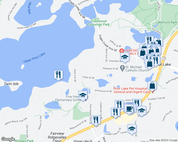 map of restaurants, bars, coffee shops, grocery stores, and more near 4132 Cj Circle Southeast in Prior Lake