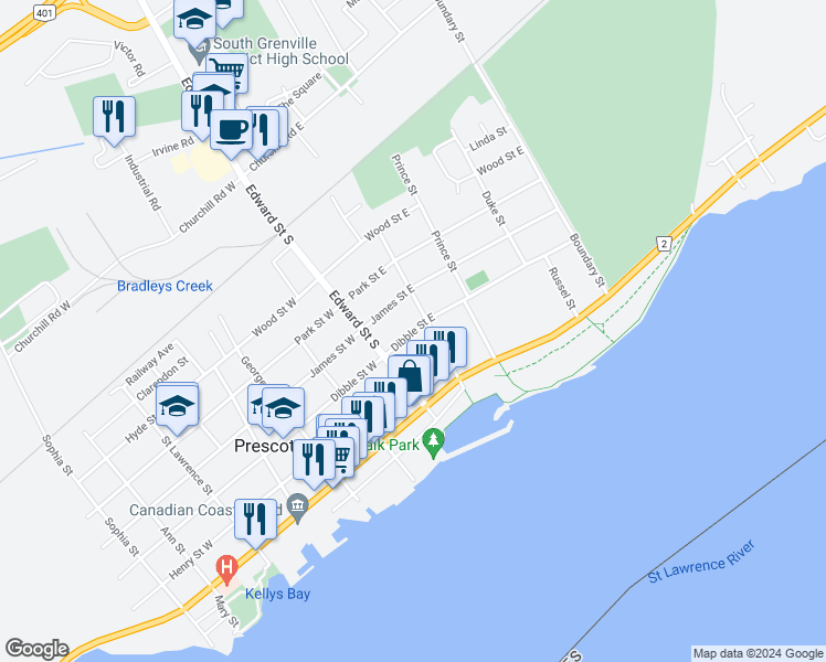 map of restaurants, bars, coffee shops, grocery stores, and more near 164 Dibble Street East in Prescott
