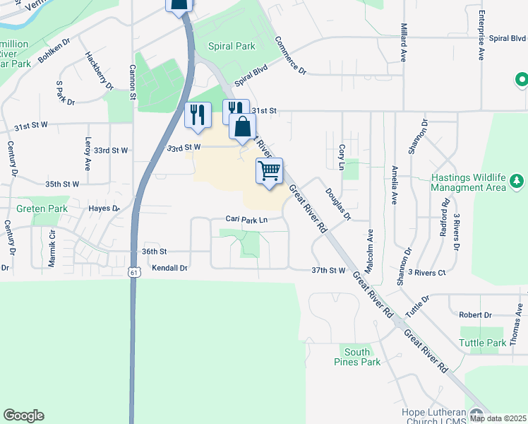 map of restaurants, bars, coffee shops, grocery stores, and more near 309 Cari Park Lane in Hastings