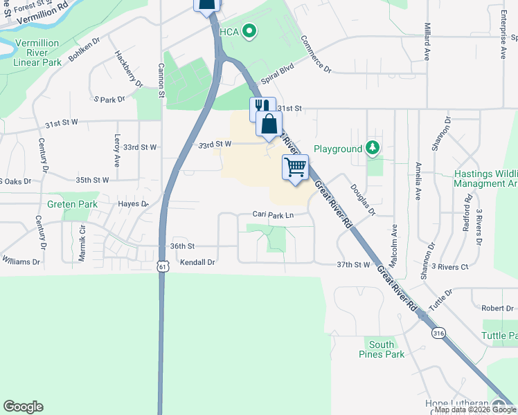 map of restaurants, bars, coffee shops, grocery stores, and more near 365 Cari Park Lane in Hastings