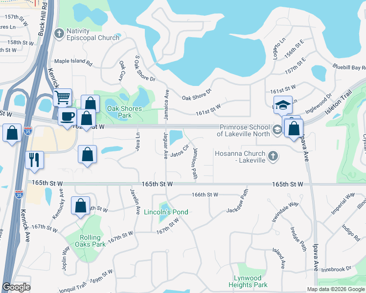 map of restaurants, bars, coffee shops, grocery stores, and more near 16326 Jatos Circle in Lakeville