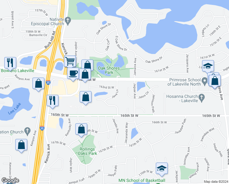 map of restaurants, bars, coffee shops, grocery stores, and more near 16305 Java Lane in Lakeville