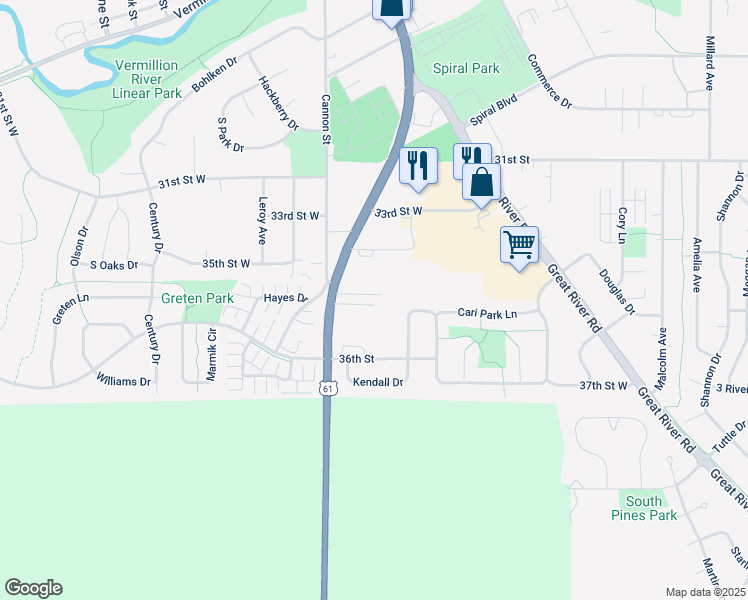 map of restaurants, bars, coffee shops, grocery stores, and more near 3625 Vermillion Street in Hastings