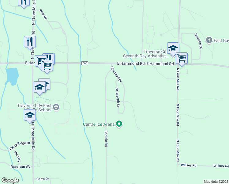 map of restaurants, bars, coffee shops, grocery stores, and more near 1793 Saint Joseph Street in Traverse City