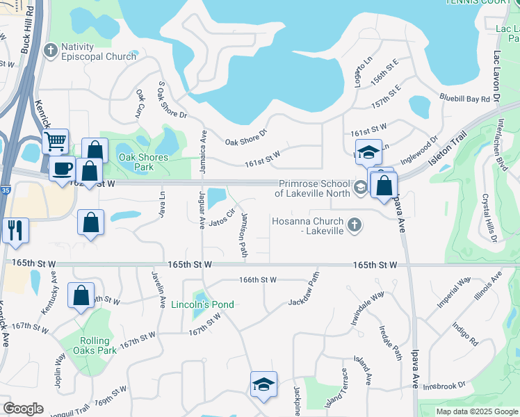 map of restaurants, bars, coffee shops, grocery stores, and more near 16232 Jatos Circle in Lakeville