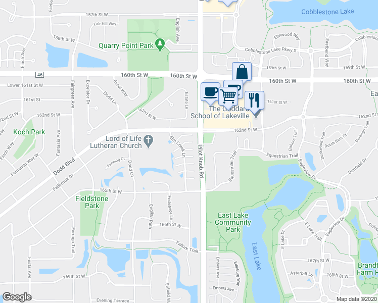 map of restaurants, bars, coffee shops, grocery stores, and more near 16453 Elm Creek Lane in Lakeville