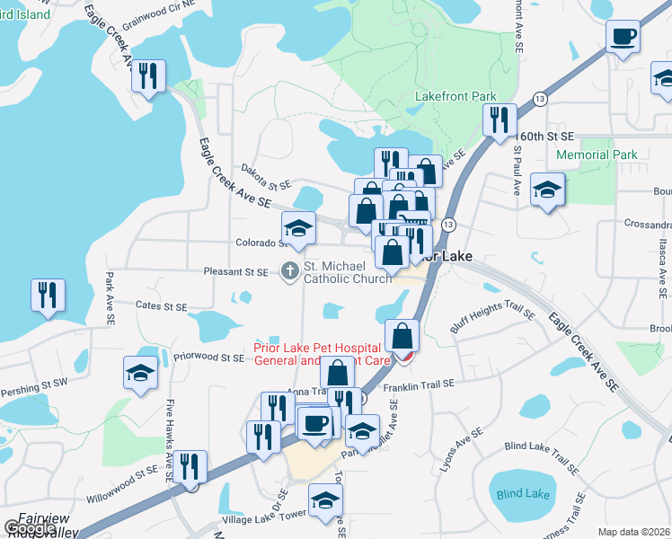 map of restaurants, bars, coffee shops, grocery stores, and more near 4570 Pleasant Street Southeast in Prior Lake