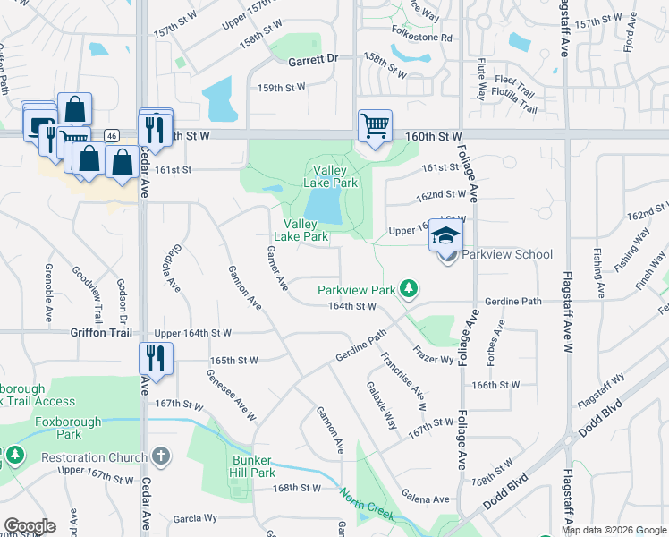 map of restaurants, bars, coffee shops, grocery stores, and more near 16290 Galena Avenue West in Rosemount
