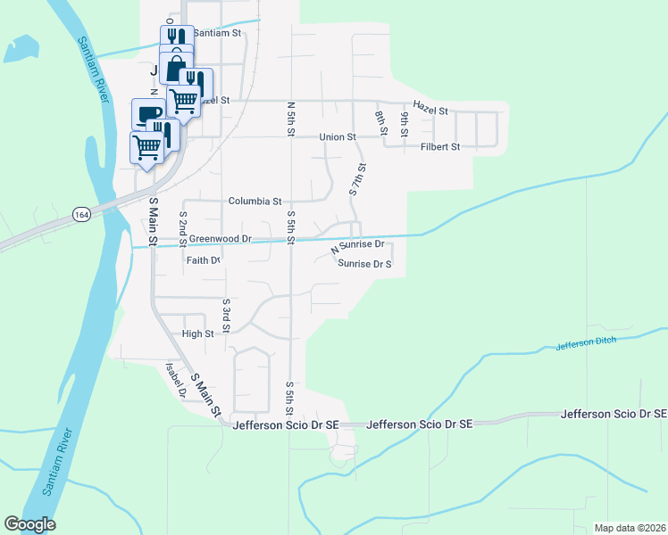 map of restaurants, bars, coffee shops, grocery stores, and more near 634 Sunrise Drive South in Jefferson